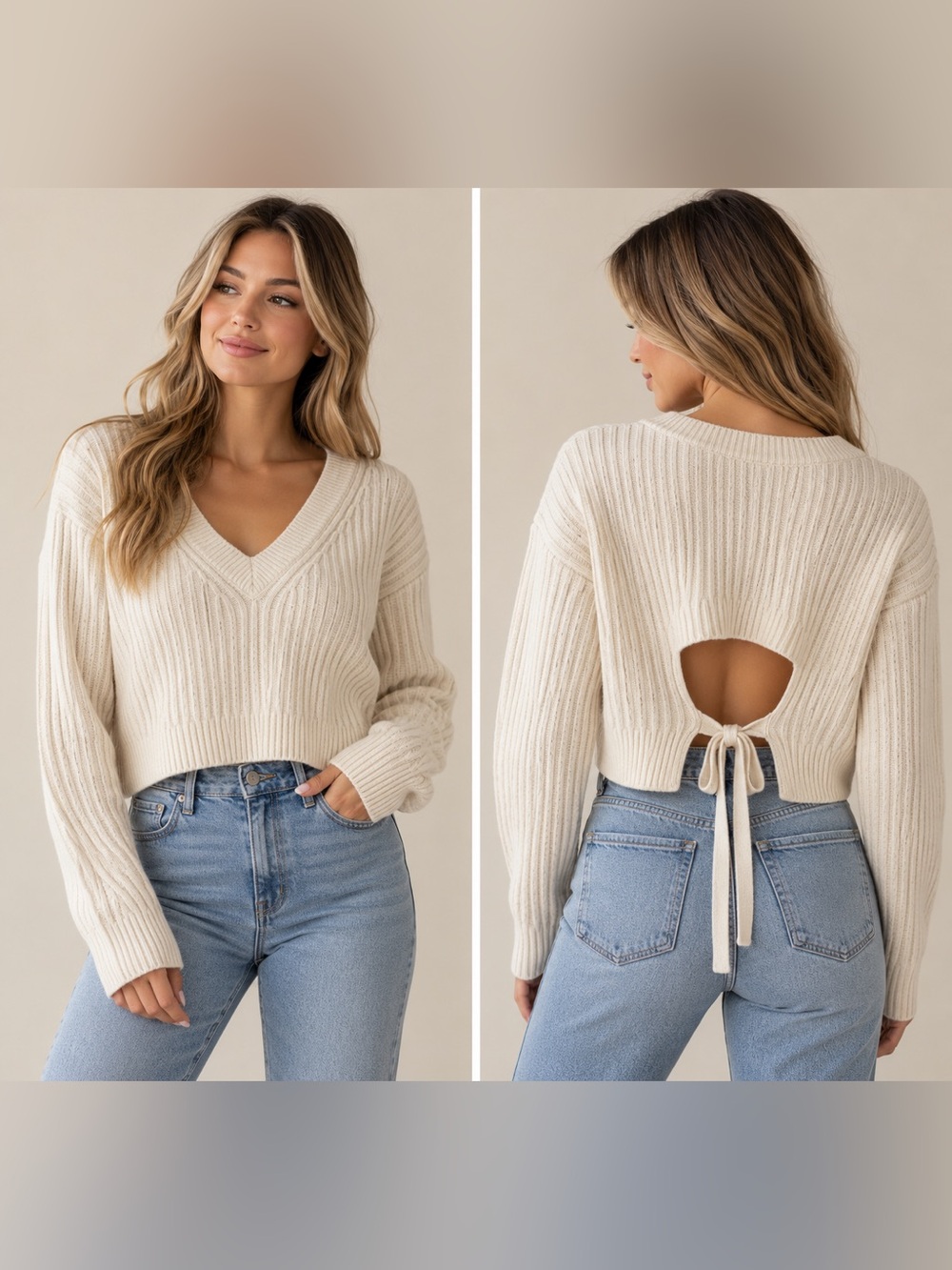 Lulus Cream Ribbed Tie Back Sweater Open Back Cropped V Neck Small
